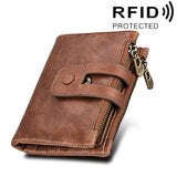 Genuine Cowhide Leather Crazy Horse Texture Zipper 3-folding Card Holder Wallet RFID Blocking Coin Purse Card Bag Protect Case for Men, Size: 12*9.5*3.5cm