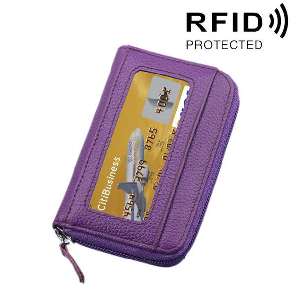 Genuine Cowhide Leather Solid Color Zipper Horizontal Card Holder Wallet RFID Blocking Card Bag Protect Case with 12 Card Slots, Size: 11.5*7.5cm