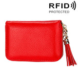 Genuine Cowhide Leather Solid Color Zipper Card Holder Wallet RFID Blocking Card Bag Protect Case Coin Purse with Tassel Pendant & 15 Card Slots for Women, Size: 11.1*7.6*3.5cm