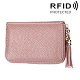 Genuine Cowhide Leather Solid Color Zipper Card Holder Wallet RFID Blocking Card Bag Protect Case Coin Purse with Tassel Pendant & 15 Card Slots for Women, Size: 11.1*7.6*3.5cm