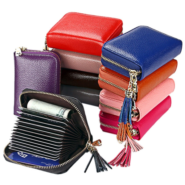 Genuine Cowhide Leather Solid Color Zipper Card Holder Wallet RFID Blocking Card Bag Protect Case Coin Purse with Tassel Pendant & 15 Card Slots for Women, Size: 11.1*7.6*3.5cm