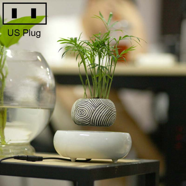 Soil Color Flower Pot + Imitation Ceramic Resin Base Magnetic Levitation Potted Plant Home Decoration, US Plug, Dark Color Stripe US Plug, Soil Color US Plug, Ivory White US Plug, Volcanic Rock US Plug, Beige Stripe US Plug, White Stripe US Plug