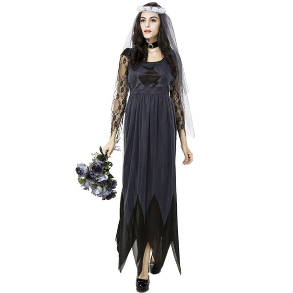 Halloween Costume Women Lace Chiffon Black Dress Ghost Bride Clothes Cosplay Game Uniforms, Size: L, Bust: 80cm, Waistline:72cm, Clothes Long:143cm, Size: L Adult