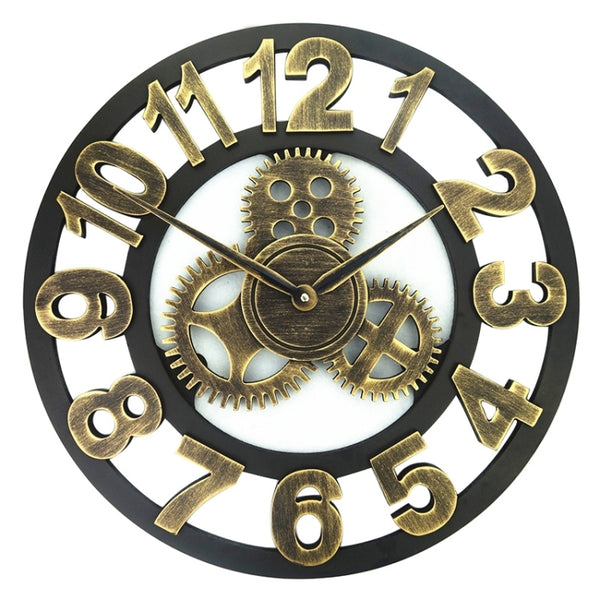 Retro Wooden Round Single-sided Gear Clock Arabic Number Wall Clock, Diameter: 30cm, Number 30cm Gold, Number 30cm Silver