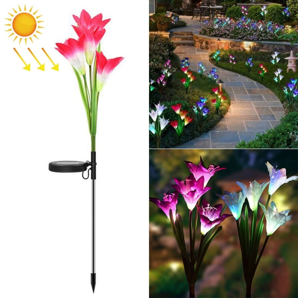 Simulated Lily Flower 4 Heads Solar Powered Outdoor IP55 Waterproof LED Decorative Lawn Lamp, White Light, White Light