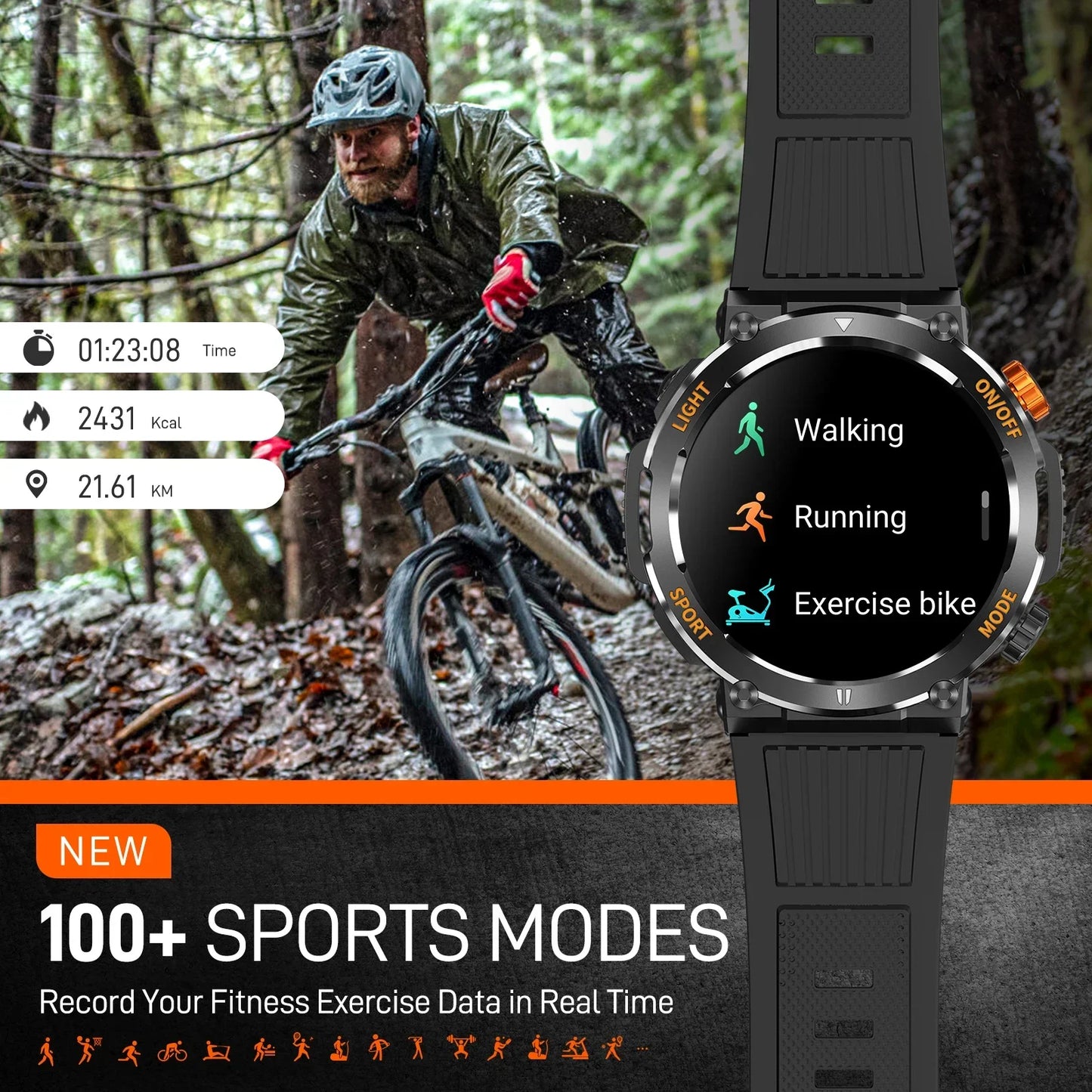 EIGIIS Military Smart Watch For Men 100+ Sports Modes Fitness 450mAh Tracker IP67 Waterproof Heart Rate Long Life Battery HT17