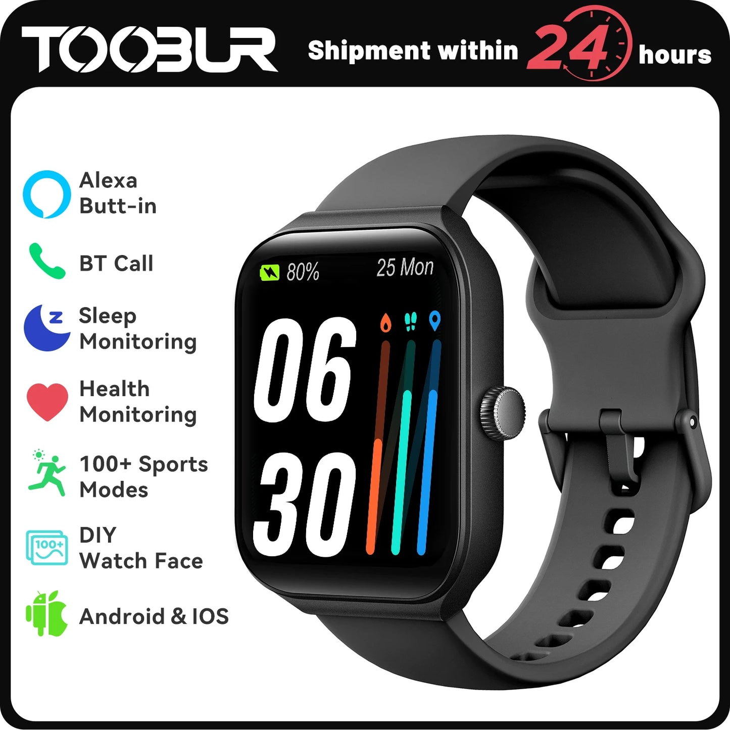 TOOBUR 1.95" Smart Watch Smart Voice Assistant Answer/Make Calls Heart Rate Monitor Smart watch Compatible Android iOS