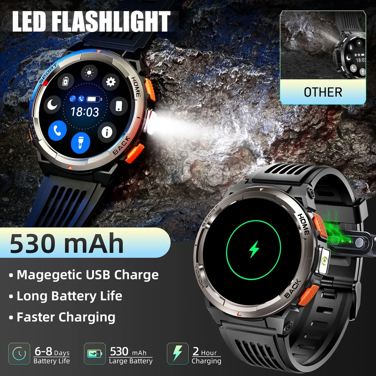 EIGIIS 1.45 Inch Smart Watch KE5 3ATM Waterproof Original Design Sports Watch With Compass And Altitude Barometer LED Flashlight