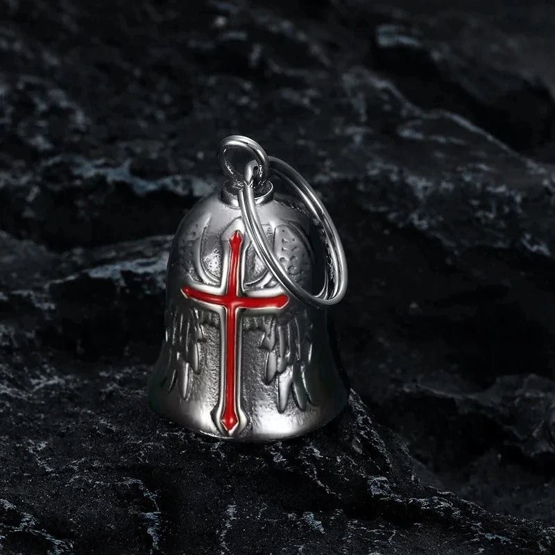 Fashion Red Cross Guardian Angel Wings Bell Motorcycle Bell Keychain Men\\'s Biker Exorcist Amulet Lucky Jewelry Accessory