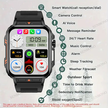 SENBONO New  Men Smart Watch 1.95inch HD Screen Bluetooth Call 24/7 Heart Rate Monitor IP68 100+ Sport Modes Smartwatch for Men