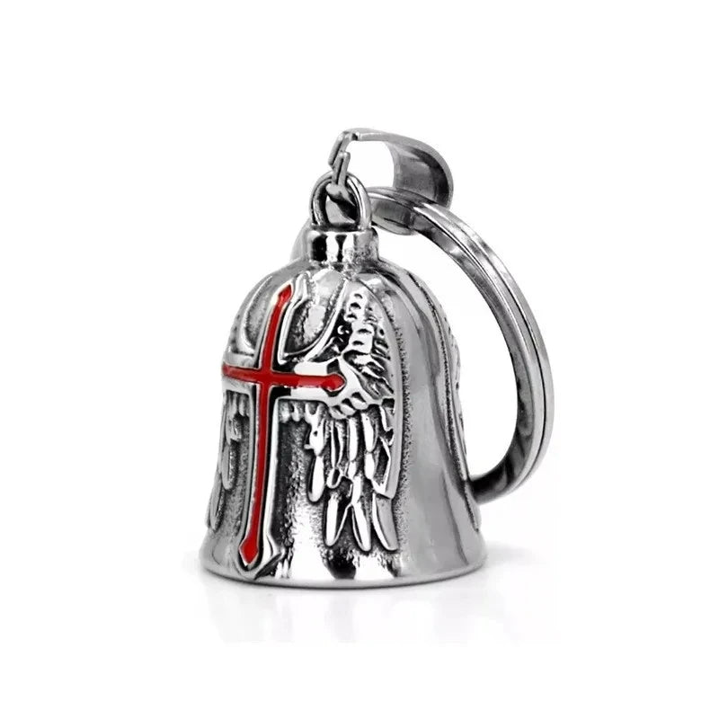 Fashion Red Cross Guardian Angel Wings Bell Motorcycle Bell Keychain Men\\'s Biker Exorcist Amulet Lucky Jewelry Accessory