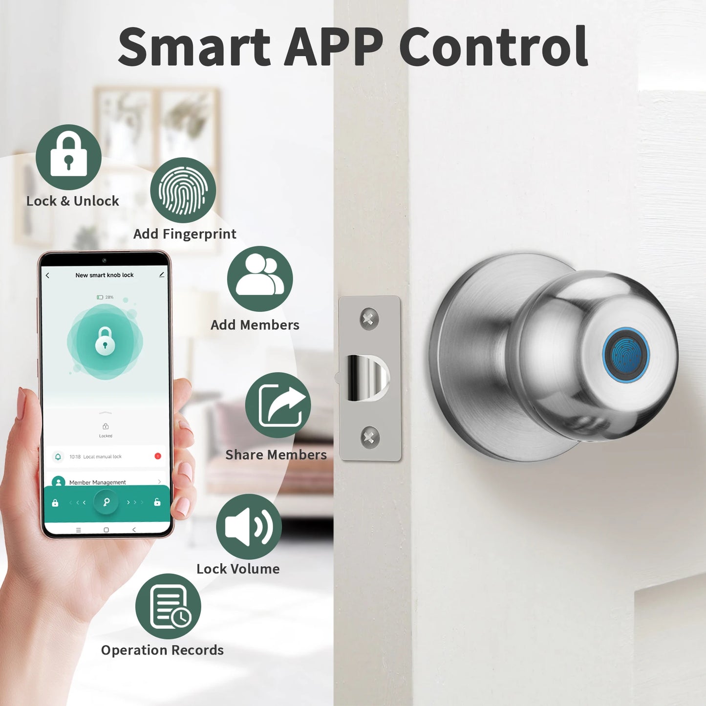 Fingerprint Door Lock For Bedroom Smart Lock Biometric Door Knob Lock with App Control for Bedrooms Cloakroom Apartments Offices