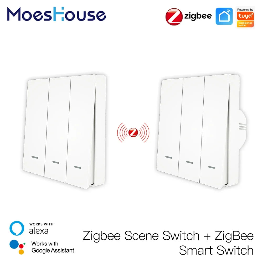 MoesHouse Tuya ZigBee Smart Light Switch with Scene Switch Kit No Neutral Wire No Capacitor Required work with Alexa Google Home