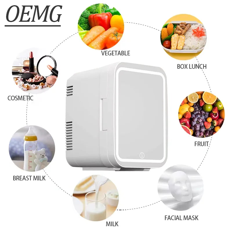 Mini Fridge 6L Capacity, Skin Care Refrigerator with Mirror, Portable Small Fridge Cooler or Warmer, AC DC Power Supply