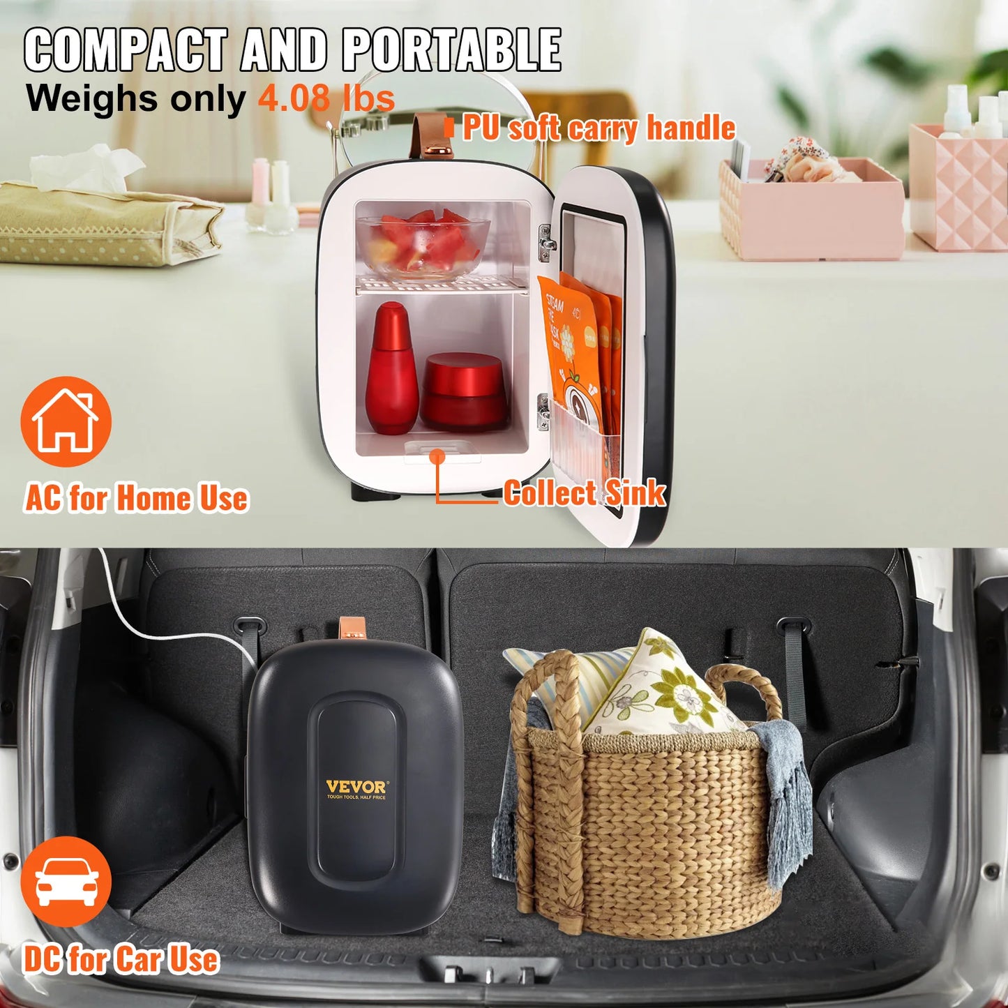 VEVOR 4L Mini Desk Fridge Car Refrigeration Keep Cooler Portable Cosmetics Warm Heat Mask Beverage for Household Dormitory Home