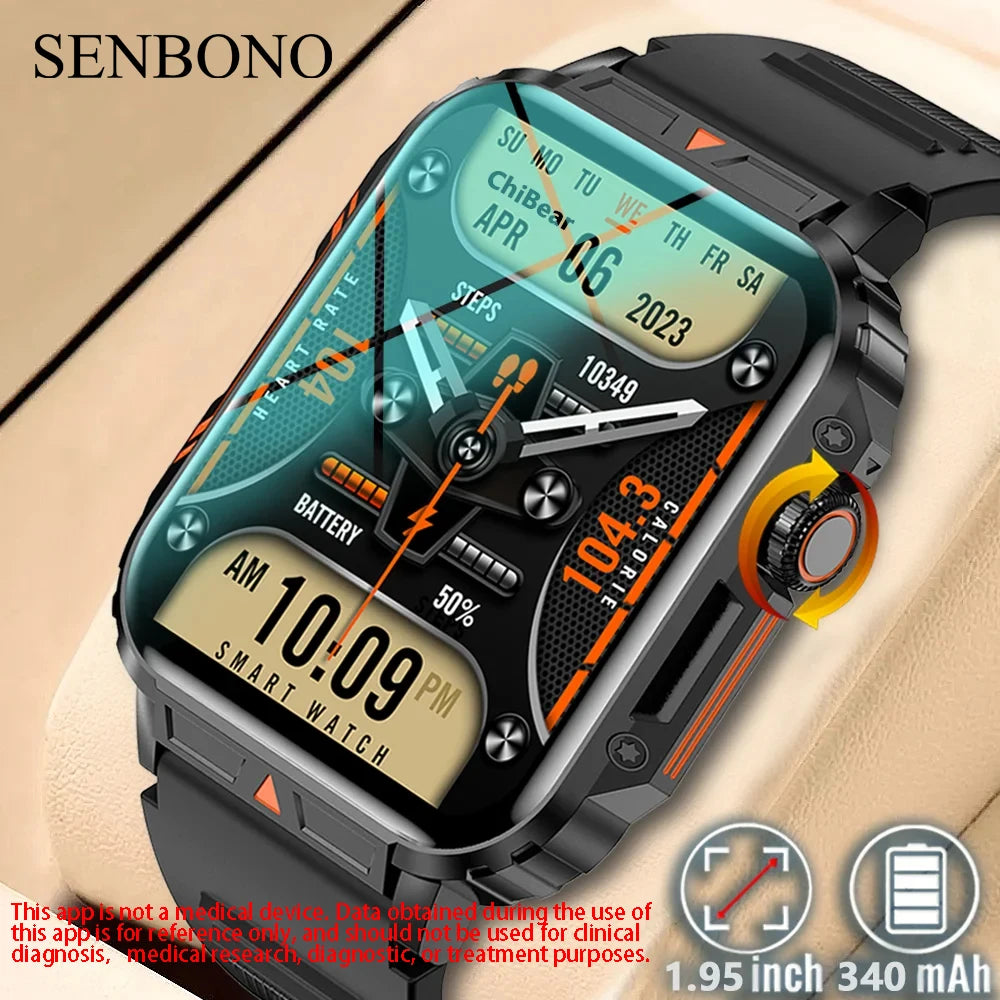 SENBONO New  Men Smart Watch 1.95inch HD Screen Bluetooth Call 24/7 Heart Rate Monitor IP68 100+ Sport Modes Smartwatch for Men