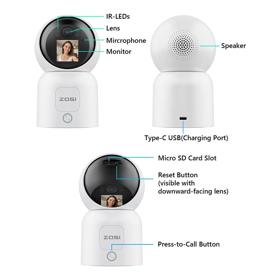 ZOSI 360° Smart Home Security Camera PTZ Auto Tracking Baby Monitor AI Panoramic HD Night Vision Indoor WiFi Surveillance Camera