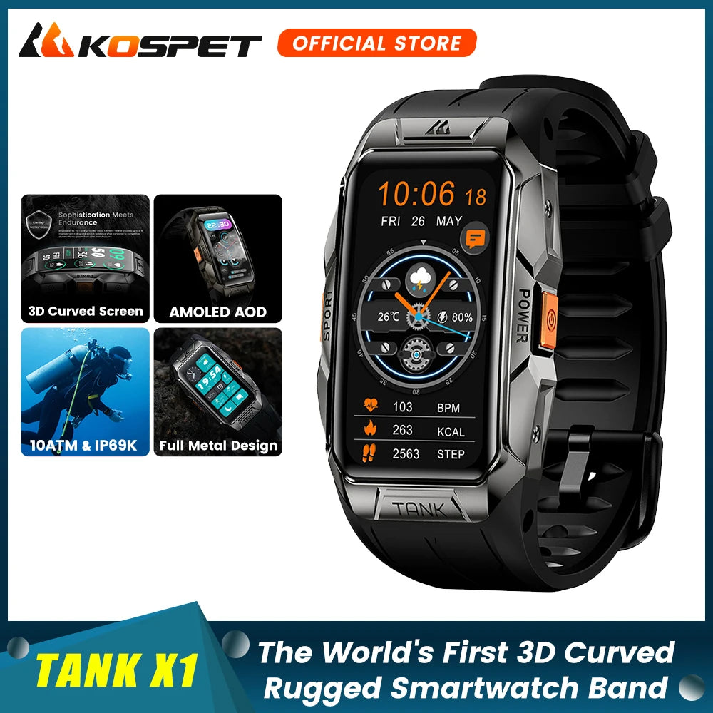 KOSPET TANK X1 Smart Watch Men Women Smartband 10ATM Waterproof Watches 1.47" AMOLED Bracelet AOD 3D Fitness Tracker Smartwatch