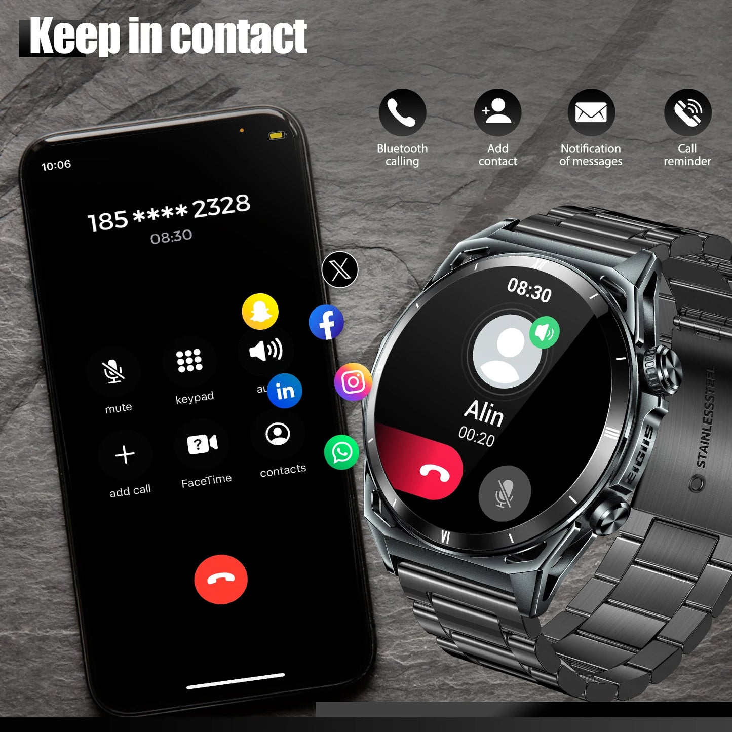 EIGIIS New Smart Watch KE6 1.43" AMOLED Display Men Black Sports Watch KE Series Bluetooth Call Health Monitor IP68 Waterproof