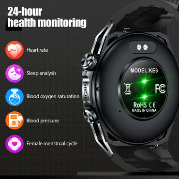 EIGIIS New Smart Watch KE6 1.43" AMOLED Display Men Black Sports Watch KE Series Bluetooth Call Health Monitor IP68 Waterproof