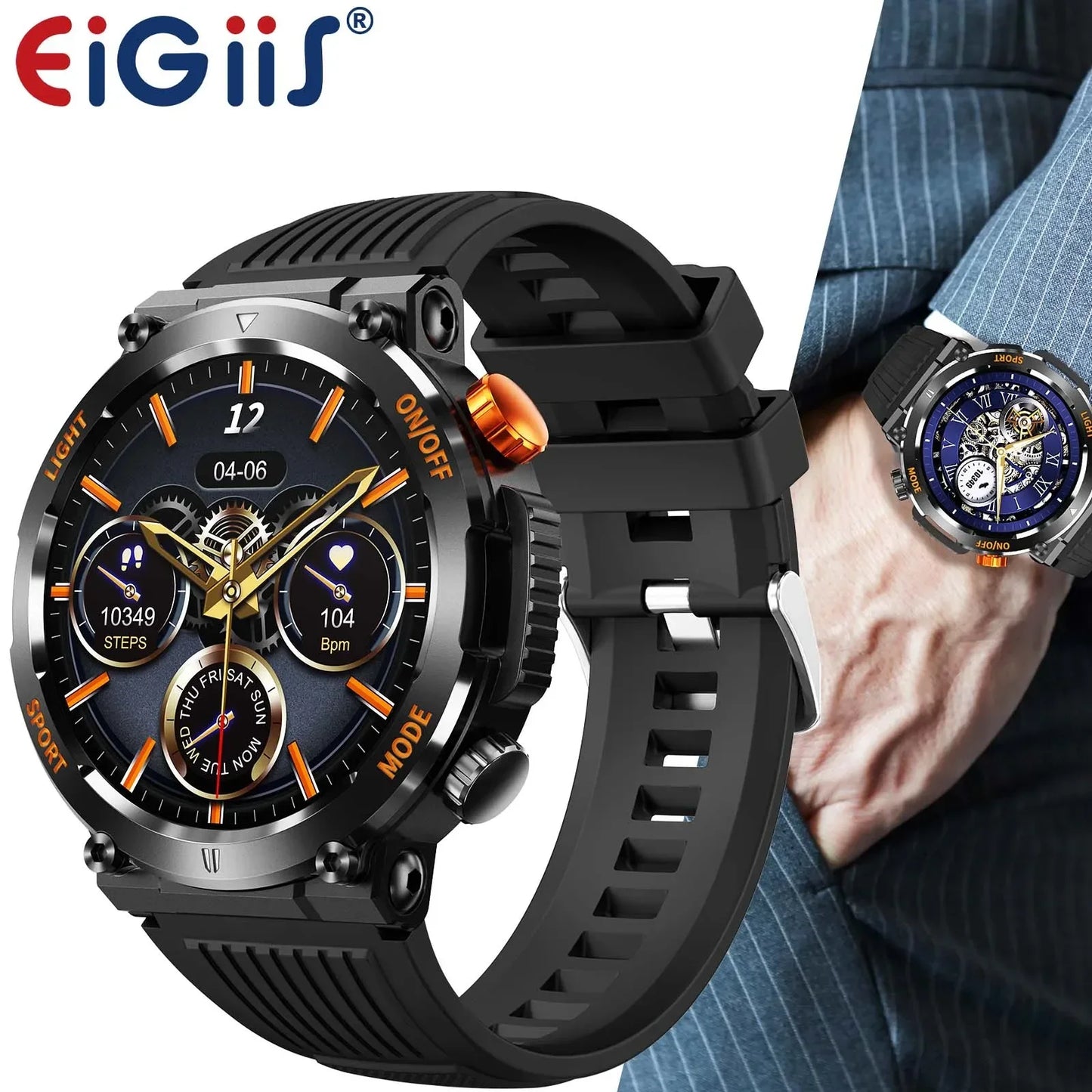 EIGIIS Military Smart Watch For Men 100+ Sports Modes Fitness 450mAh Tracker IP67 Waterproof Heart Rate Long Life Battery HT17