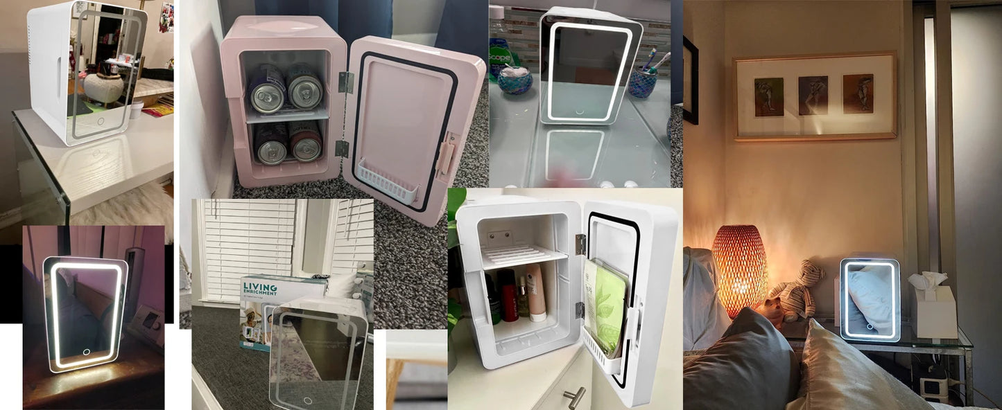 Mini Fridge 6L Capacity, Skin Care Refrigerator with Mirror, Portable Small Fridge Cooler or Warmer, AC DC Power Supply