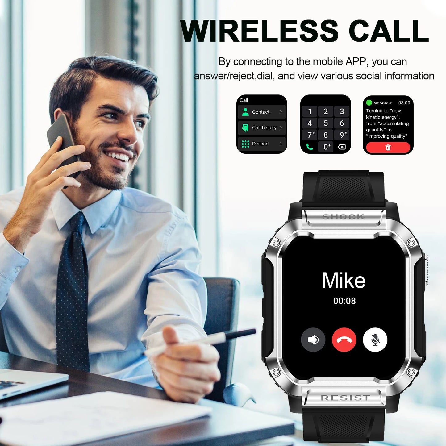 Smart watch, wireless call/dial, multi-sport mode, call reminder and rejection, SMS reminder, message reminder viewing, multiple