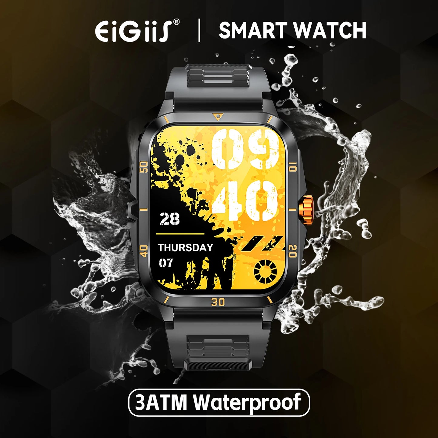 EIGIIS Smart Watch 3ATM Waterproof 1.96" IPS Screen Military KT71 Men 100+ Sport Mode Heart Rate Blood Pressure Bluetooth Call