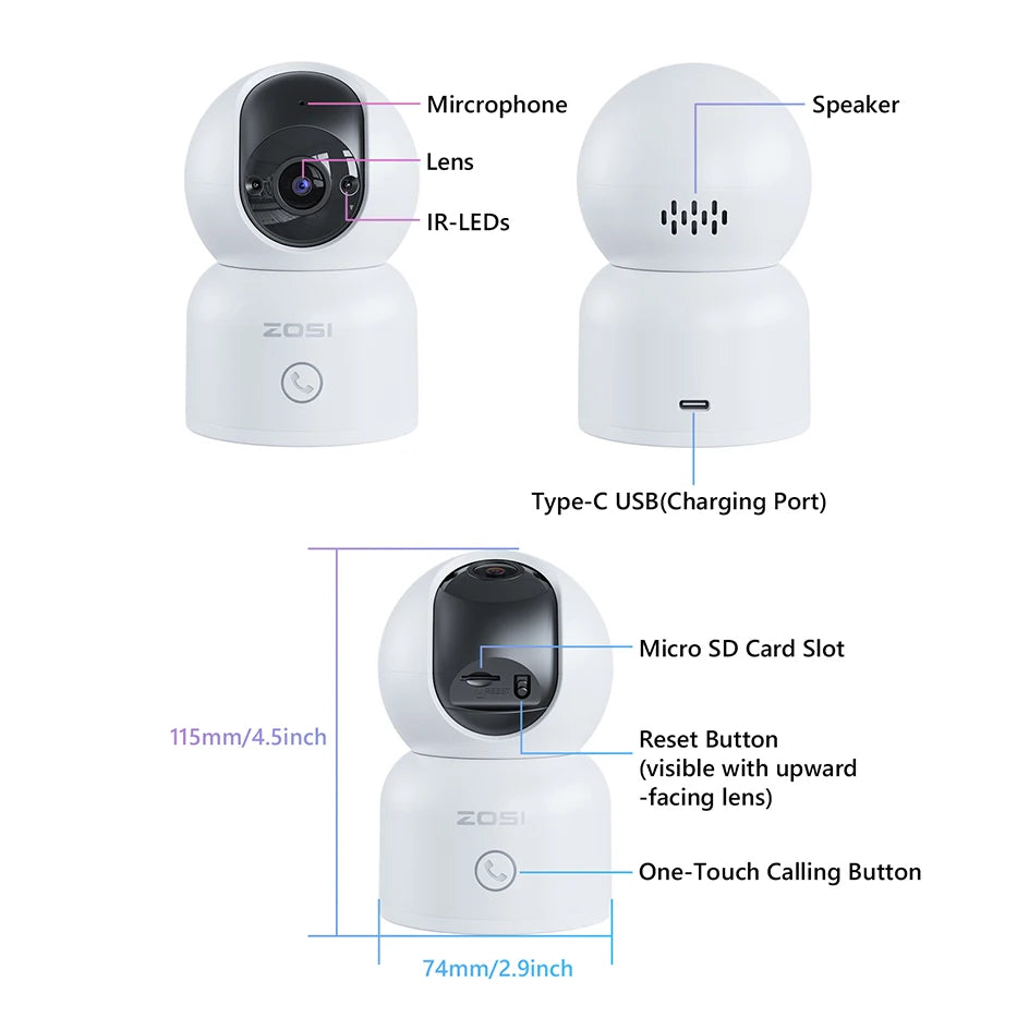 ZOSI 360° Smart Home Security Camera PTZ Auto Tracking Baby Monitor AI Panoramic HD Night Vision Indoor WiFi Surveillance Camera