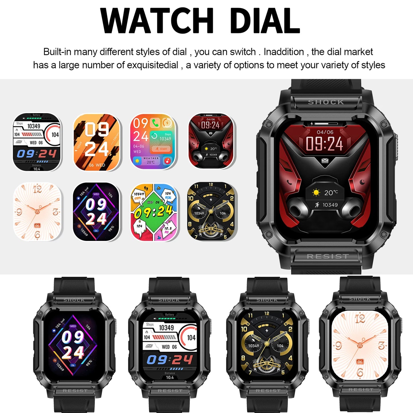 Smart watch, wireless call/dial, multi-sport mode, call reminder and rejection, SMS reminder, message reminder viewing, multiple