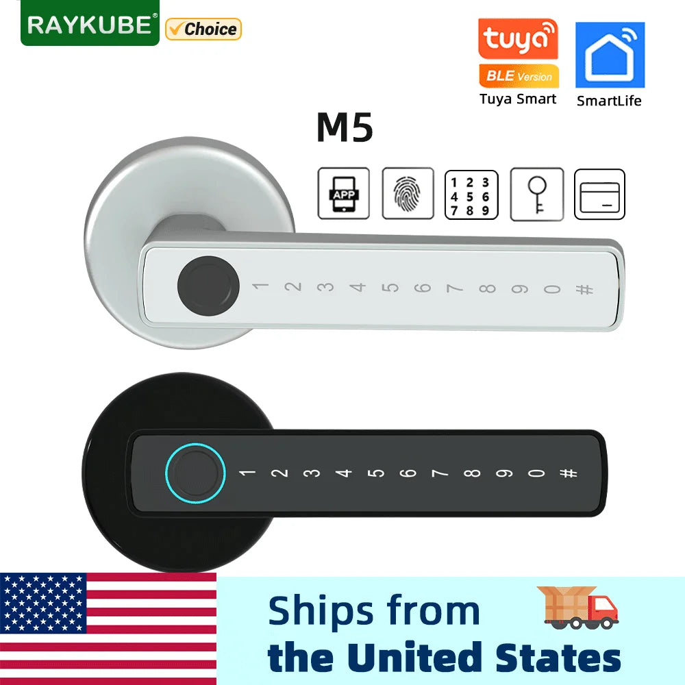 RAYKUBE M5 US Free Delivery Tuya BLE Smart Fingerprint Door Lock Electronic Lock with Password/Key/Card/Tuya APP Unlock