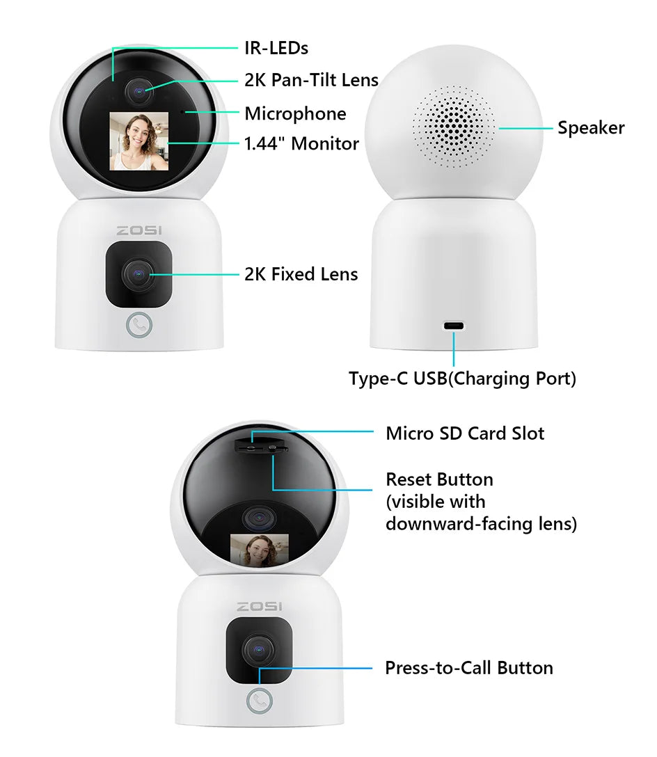 ZOSI 360° Smart Home Security Camera PTZ Auto Tracking Baby Monitor AI Panoramic HD Night Vision Indoor WiFi Surveillance Camera