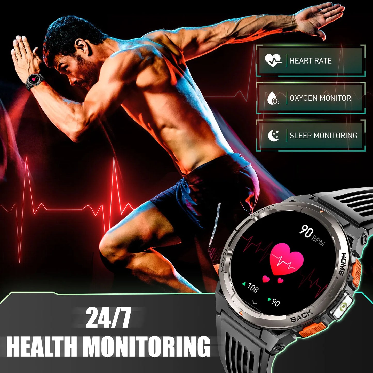 EIGIIS 1.45 Inch Smart Watch KE5 3ATM Waterproof Original Design Sports Watch With Compass And Altitude Barometer LED Flashlight