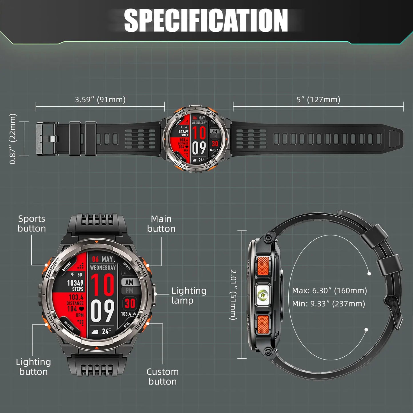 EIGIIS 1.45 Inch Smart Watch KE5 3ATM Waterproof Original Design Sports Watch With Compass And Altitude Barometer LED Flashlight