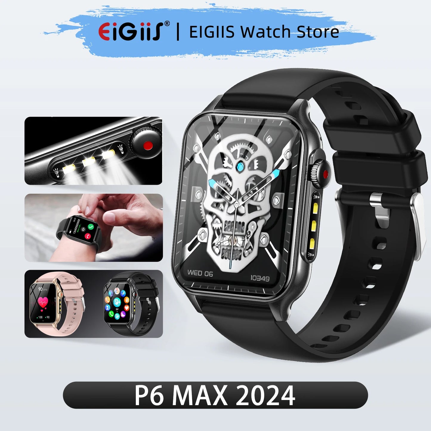 EIGIIS P6 Max Smart Watch 1.96" HD Large Screen Men And Women With LED Flashlight Bluetooth Call Fashion Sports Watches