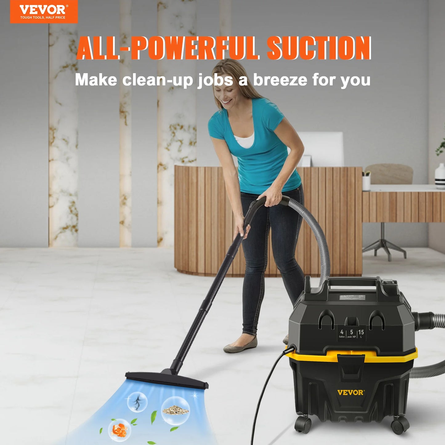 VEVOR Portable Wet and Dry Vacuum Cleaner 15L For Car & Home Appliance 1200W Power Strong Suction Vacuum Cleaner & Air Blower