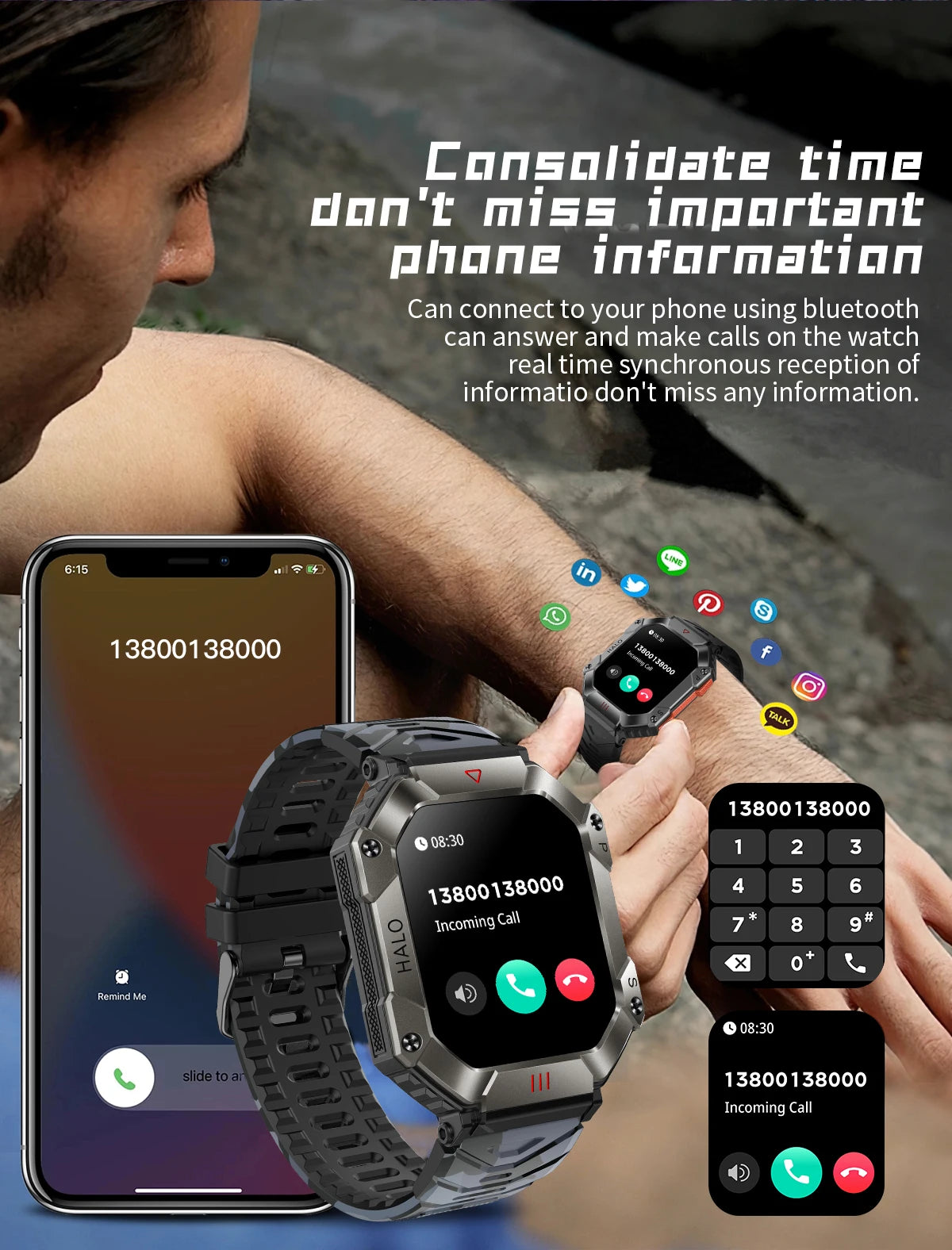 2024 New Men's Sports Bluetooth Call Smart Watch Altitude Air Pressure Compass Heart Rate Monitoring Men's Smart Watch IP67