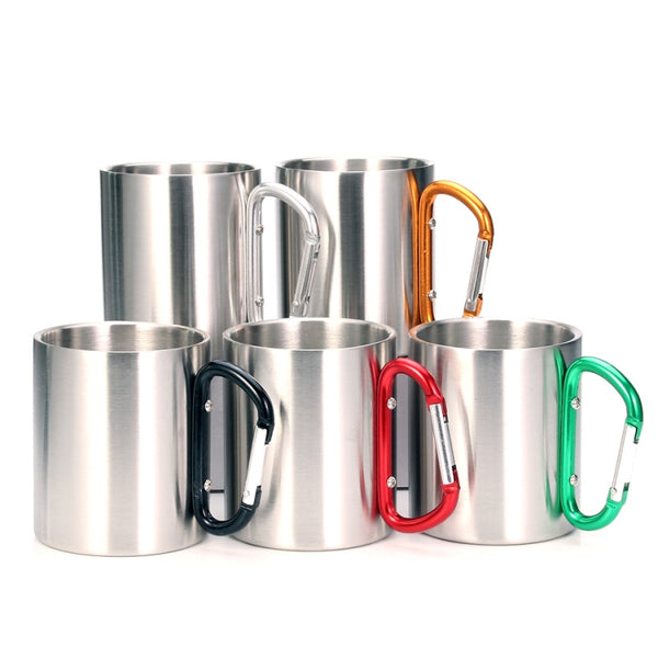 Stainless Steel Double Walled Water Mugs Coffee Cup with Carabiner Handle, Random Color Delivery, Coffee Cup with Carabiner