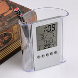 Transparent Desk Clock Pencil Holder Removable Desktop Table Digital Clock