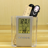 Transparent Desk Clock Pencil Holder Removable Desktop Table Digital Clock