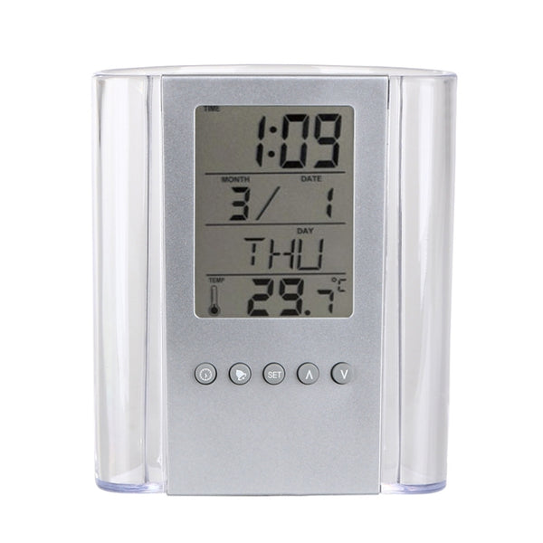 Transparent Desk Clock Pencil Holder Removable Desktop Table Digital Clock