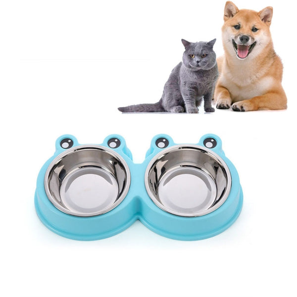 Stainless Steel Dog and Cat Double Bowl Pet Supplies, Frog Shape Blue, Frog Shape Pink, Frog Shape Green