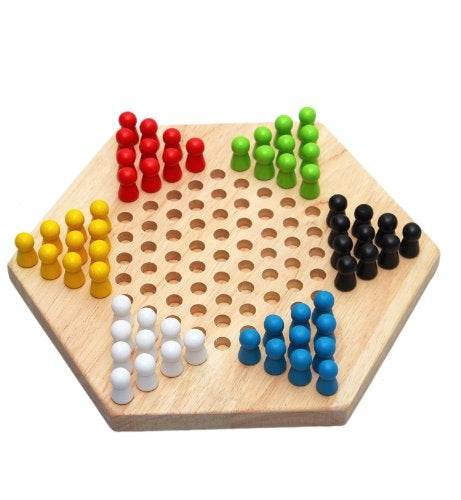 Traditional Hexagon Wooden Children Puzzle Checkers Family Game Set, Hexagon Puzzle Checkers