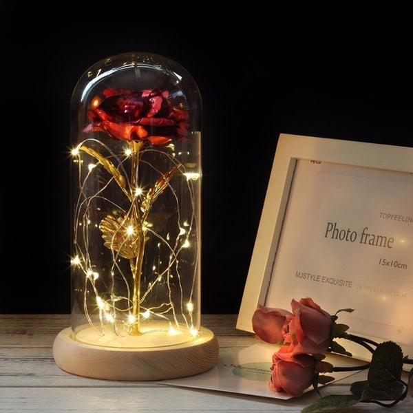 Simulation Roses Lights Glass Cover Decorations Crafts Valentines Day Gifts