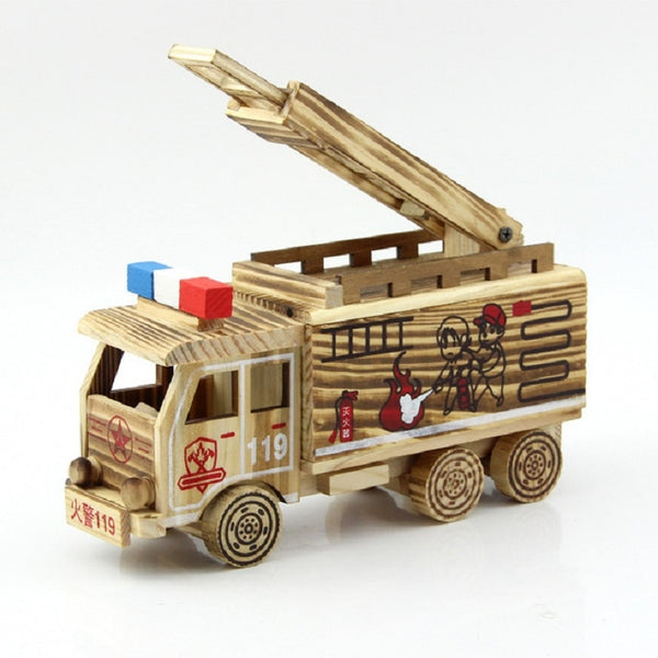 Simulation Fire Rescue Truck Creative Home Model Wooden Ornaments。, Fire Truck