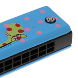 Wooden 16-holes Double-row Harmonica for Beginners, Yellow cherry, Green snail, Pink note, Blue fish, Blue giraffe