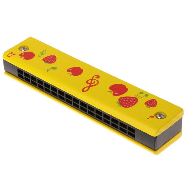 Wooden 16-holes Double-row Harmonica for Beginners, Yellow cherry, Green snail, Pink note, Blue fish, Blue giraffe