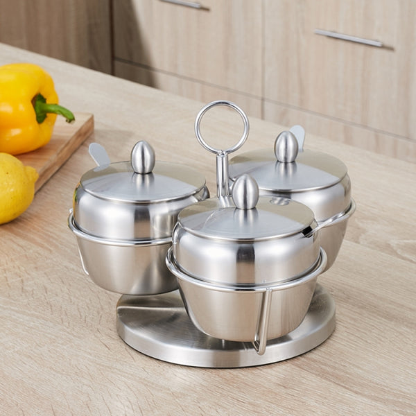 Stainless Steel Three Flavor Rotating Seasoning Pot Set