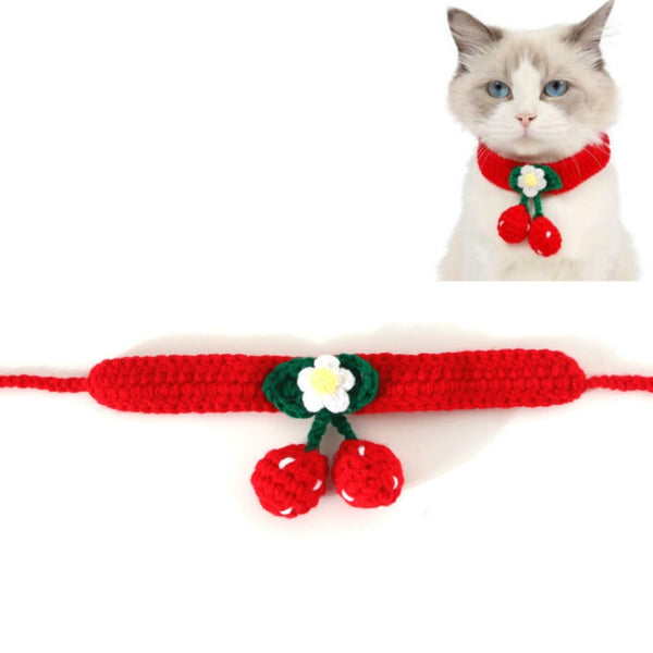 Pet Handmade Knitted Wool Cherry Cat Dog Collar Bib Adjustable Necklace, S 20-25cm, M 25-30cm