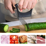 Stainless Steel Onion Fork Holder Pin Kitchen Vegetable Slicing Aid, Black Silver